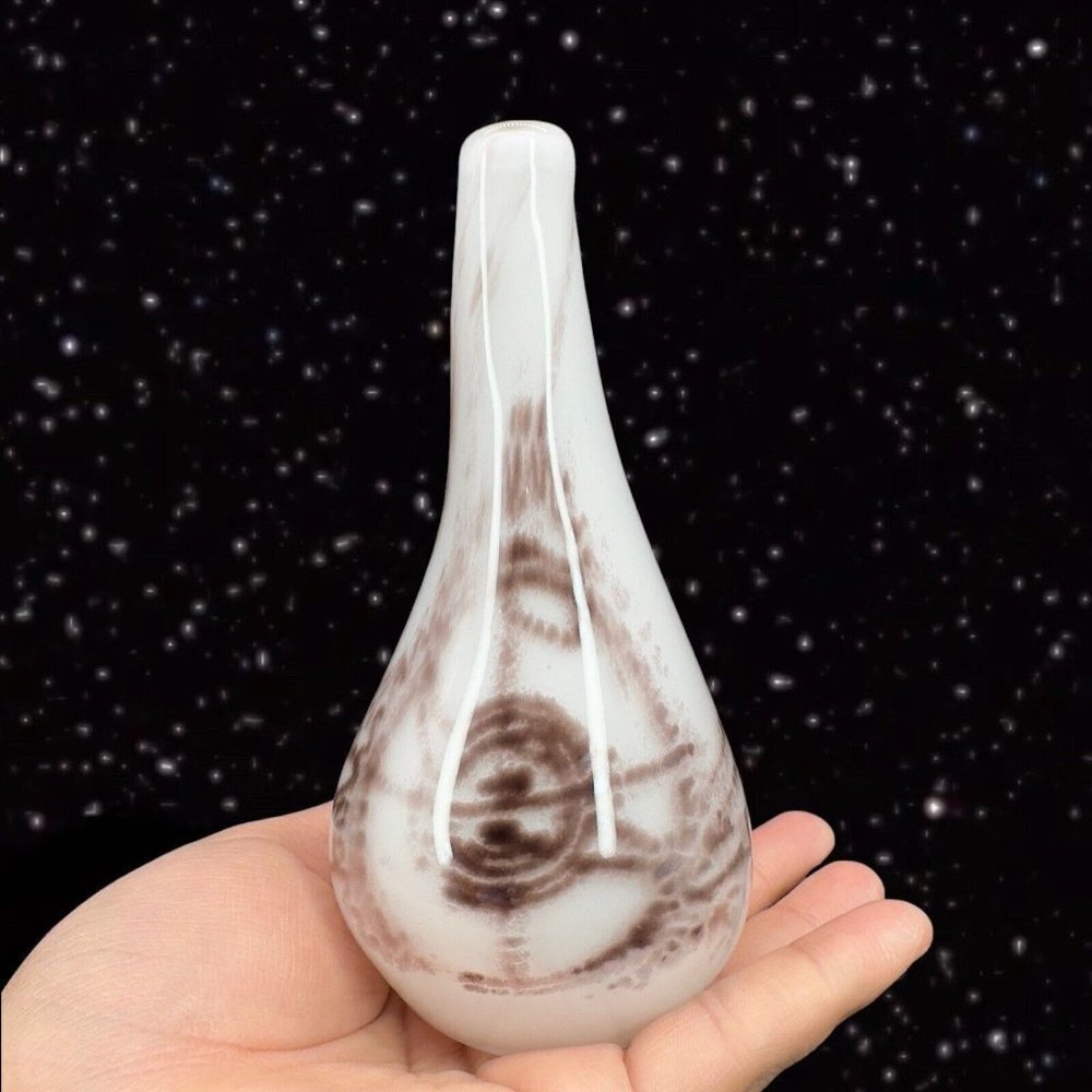Art Glass Vase Hand Made Glass‎ Signed By Artist White With Swirls Abstract 6”T